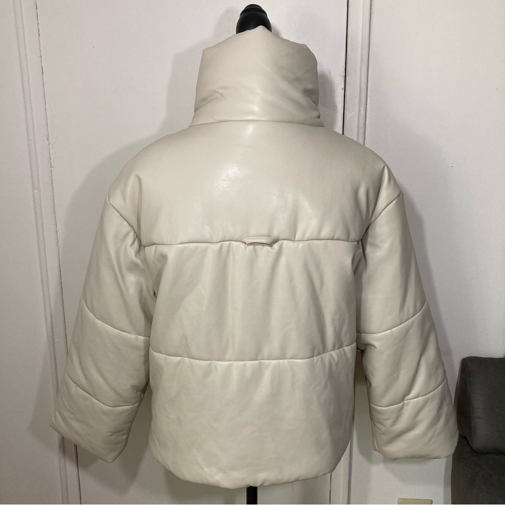 Faux Leather Cream Puffer Jacket High Neck Funnel Neck Coat - Picture 10 of 17